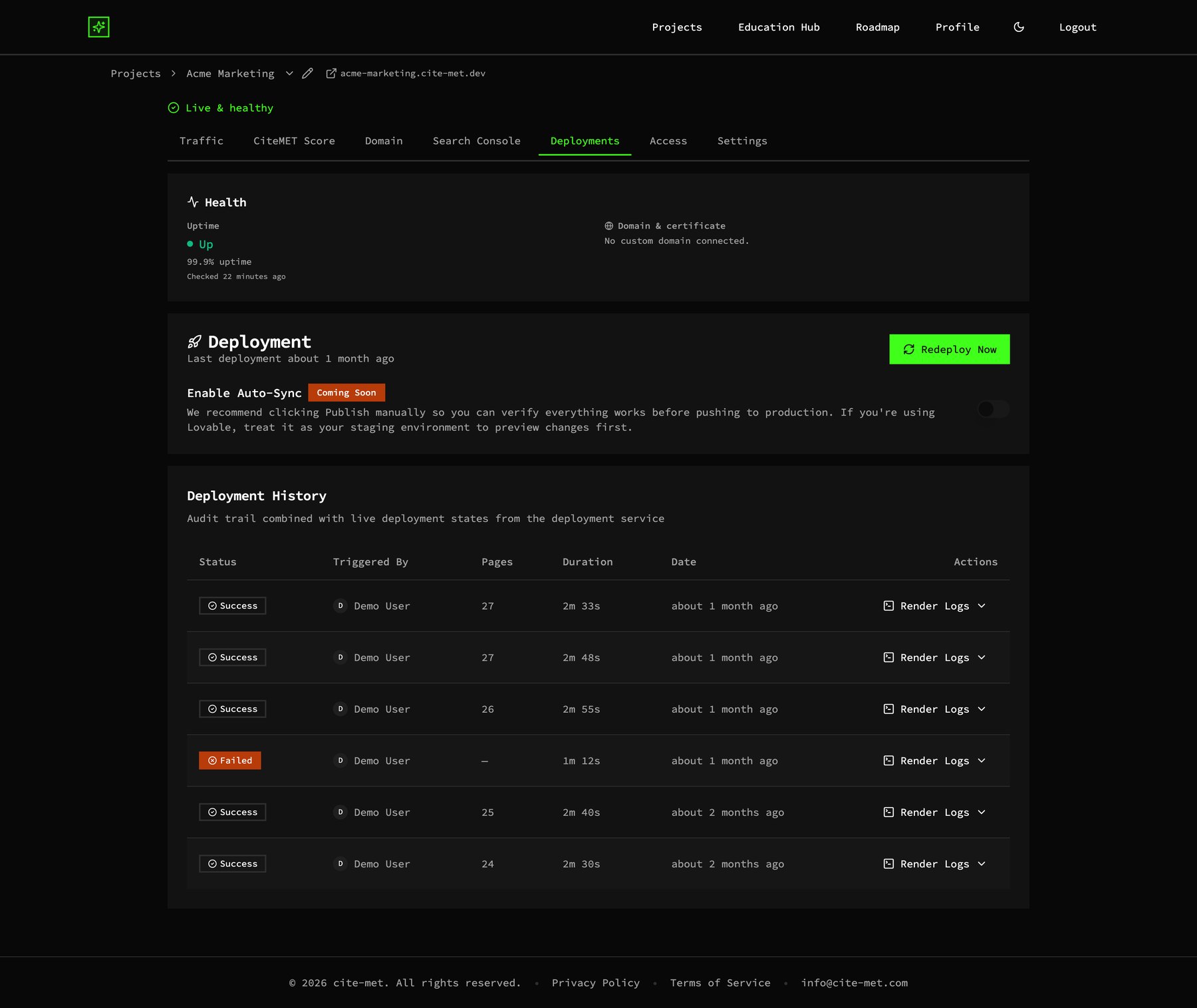 cite-met deployments view showing build history and live status