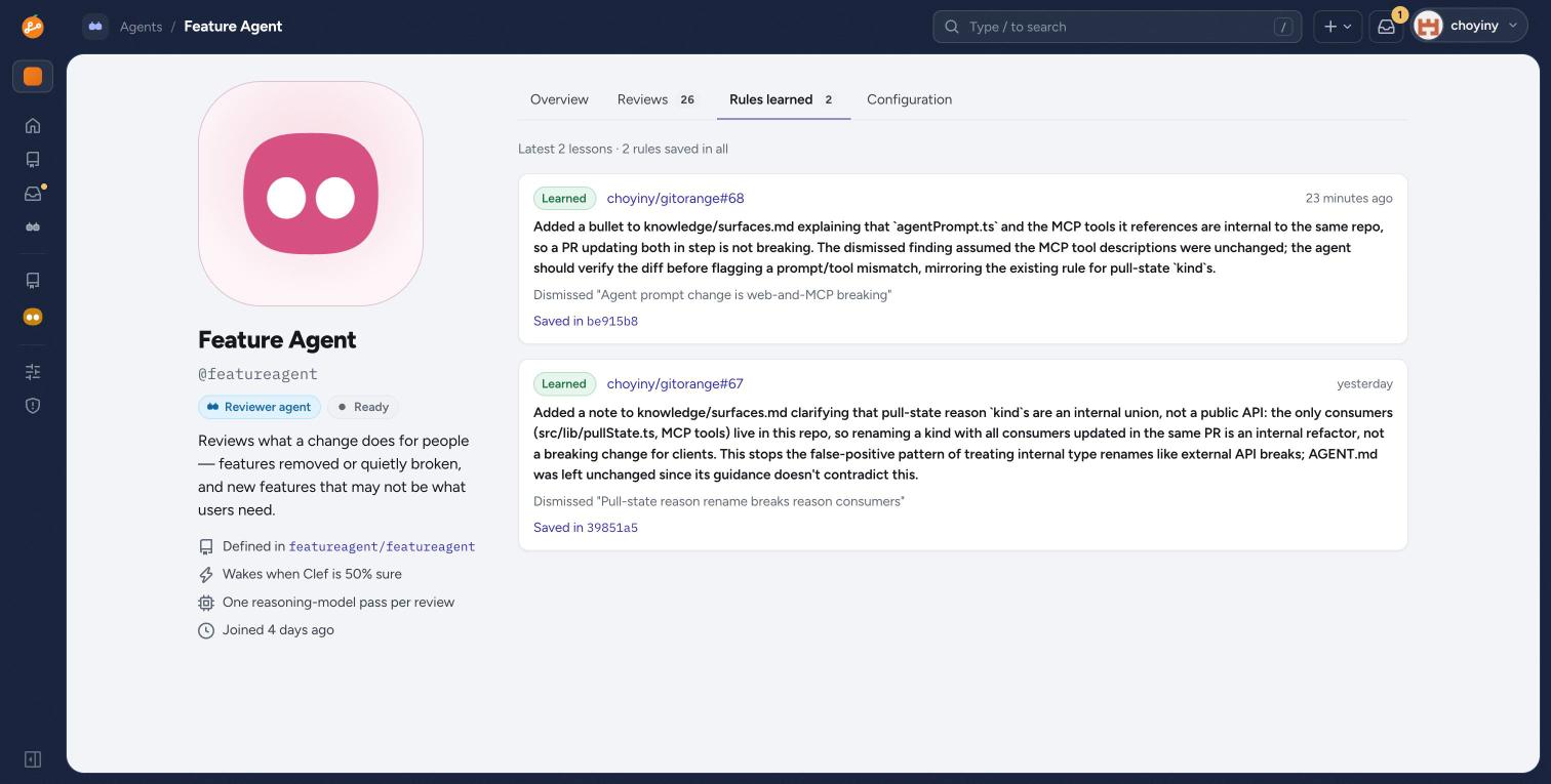 An agent's Rules learned tab listing lessons from dismissed findings, each saved as a commit