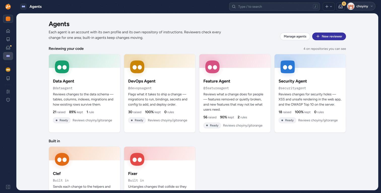 GitOrange Agents page listing reviewer agents with findings raised, kept, and rules learned