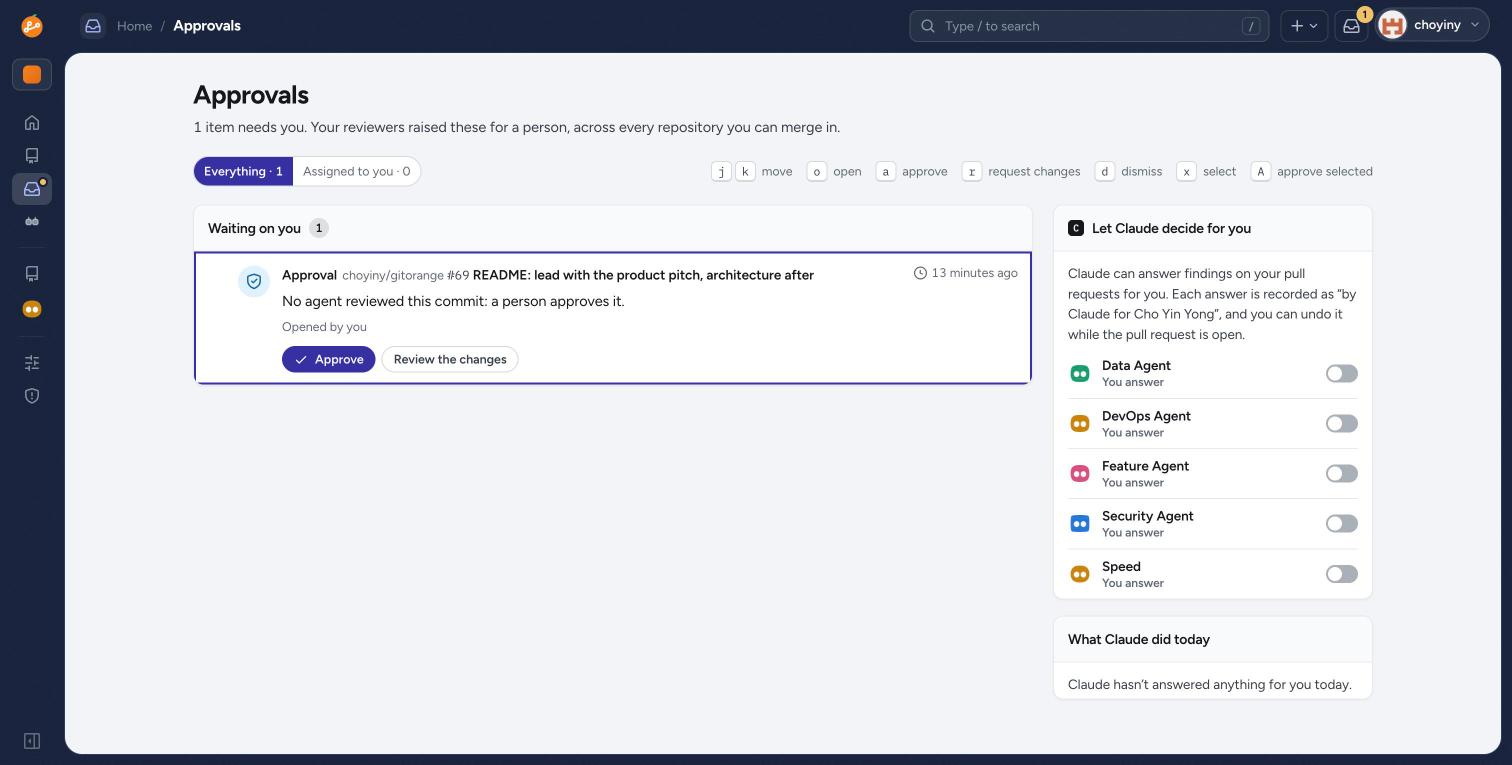 GitOrange Approvals inbox beside the Let Claude decide panel with a switch per reviewer agent