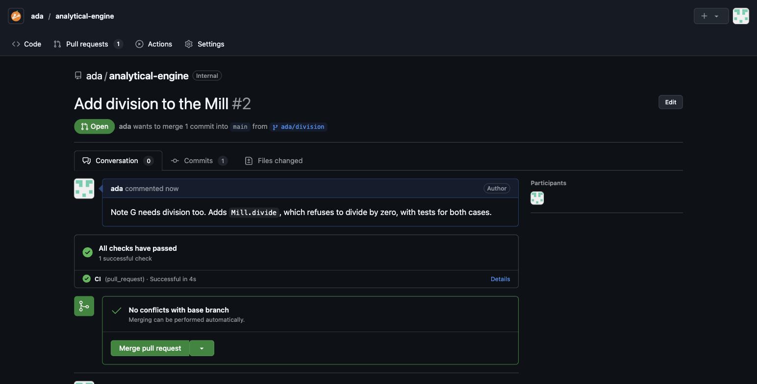 GitOrange pull request conversation with merge box