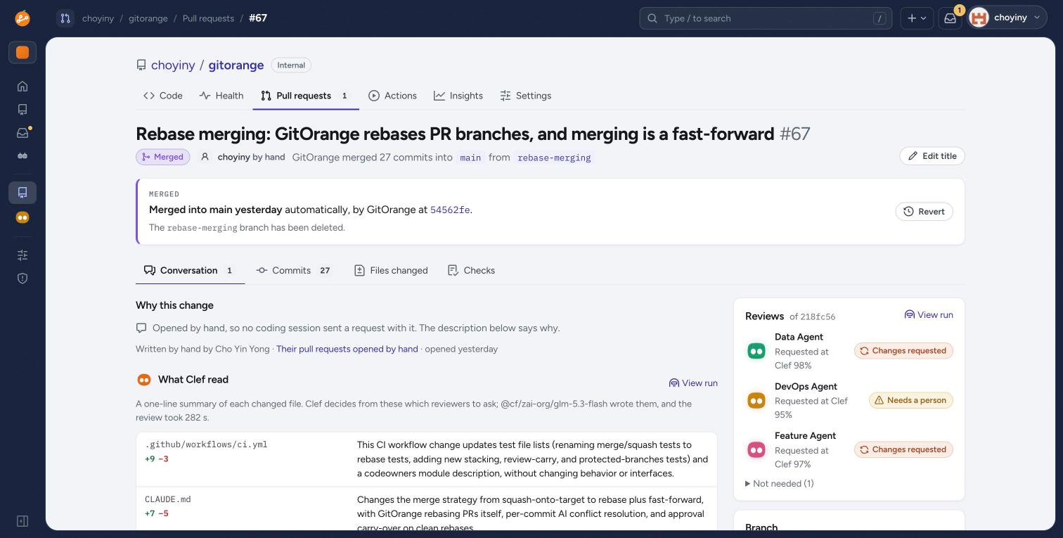 A GitOrange pull request merged automatically, with Clef's one-line summary of each file and the reviewer agents it requested