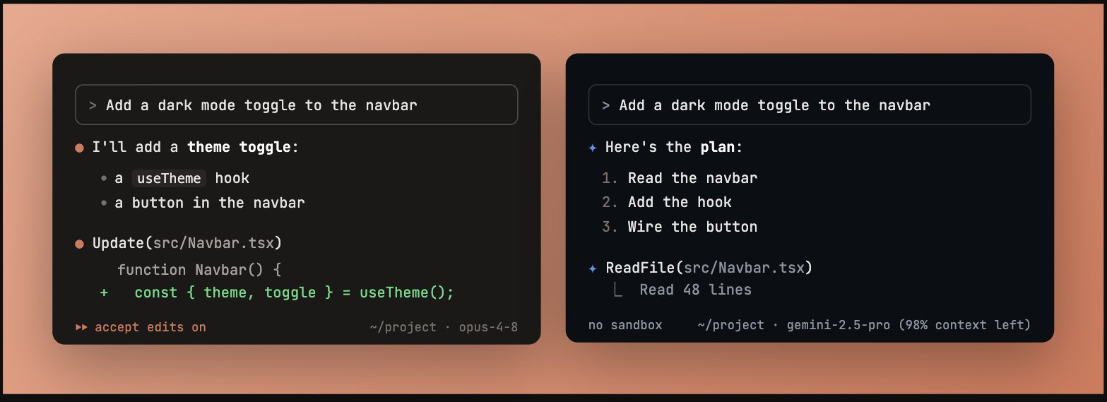 Claude Code and Gemini CLI windows rendered side by side