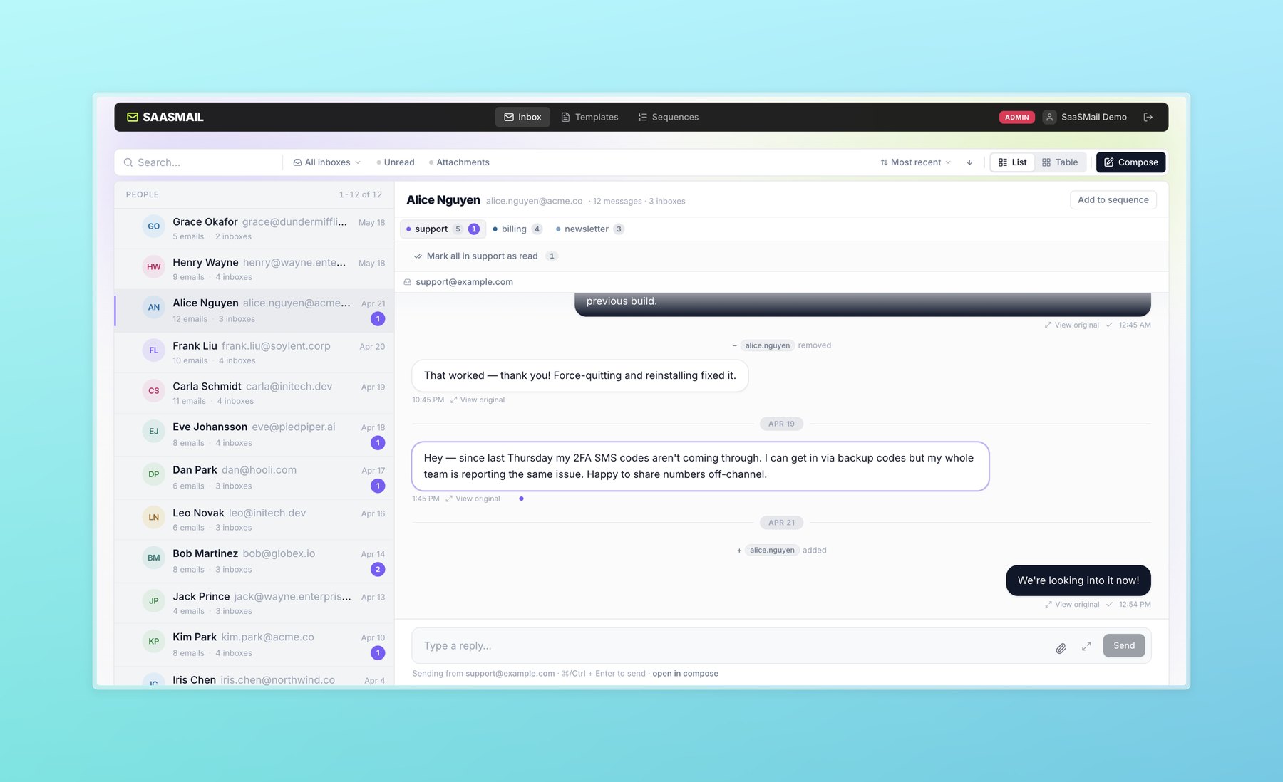 saasmail unified customer inbox with thread sidebar and reply composer