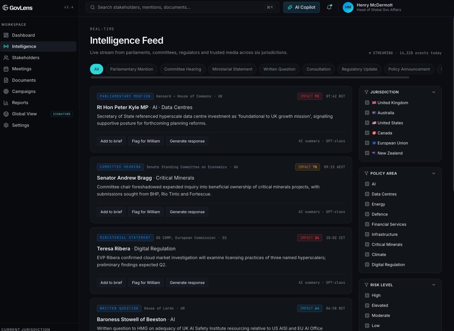Ziani.ai intelligence feed of parliamentary activity